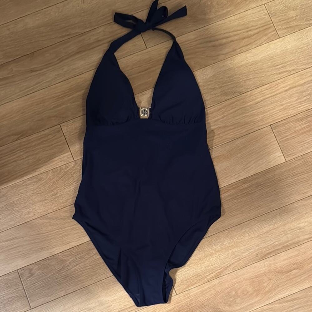 Tory Burch Navy Halter One-Piece Swimsuit with Gold Accent - Picture 1 of 5